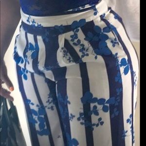 Blue and white floral print wide leg pants
